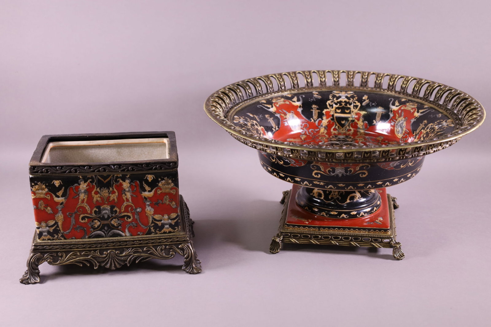 TWO PORCELAIN METAL FOOTED DISHES: TWO PIECES OF CONTEMPORARY PORCELAIN, FOOTED CENTER, BOWL & PLANTER. GOOD CONDITION. 16" DIAM x 8" H.