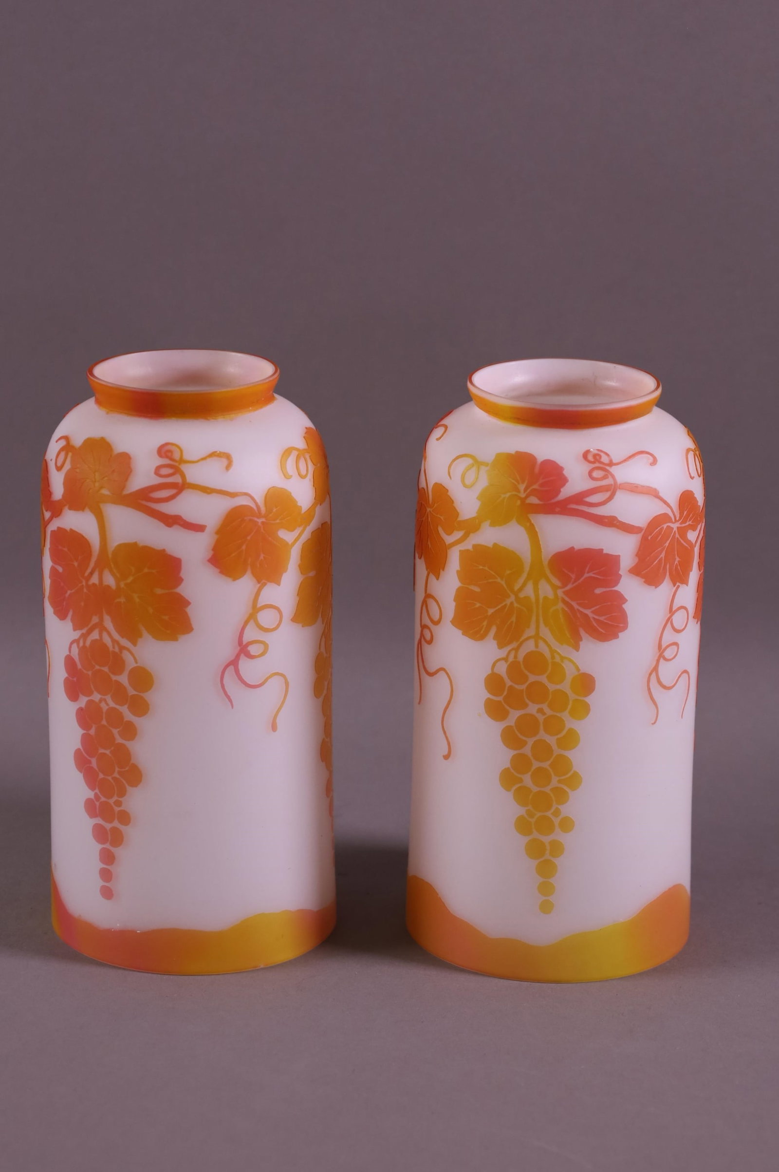 PAIR OF ART GLASS SHADES: CAMEO GLASS ART GLASS SHADES, UNSIGNED. GOOD CONDITION. 2 1/8" FITTER. 6 1/2" H