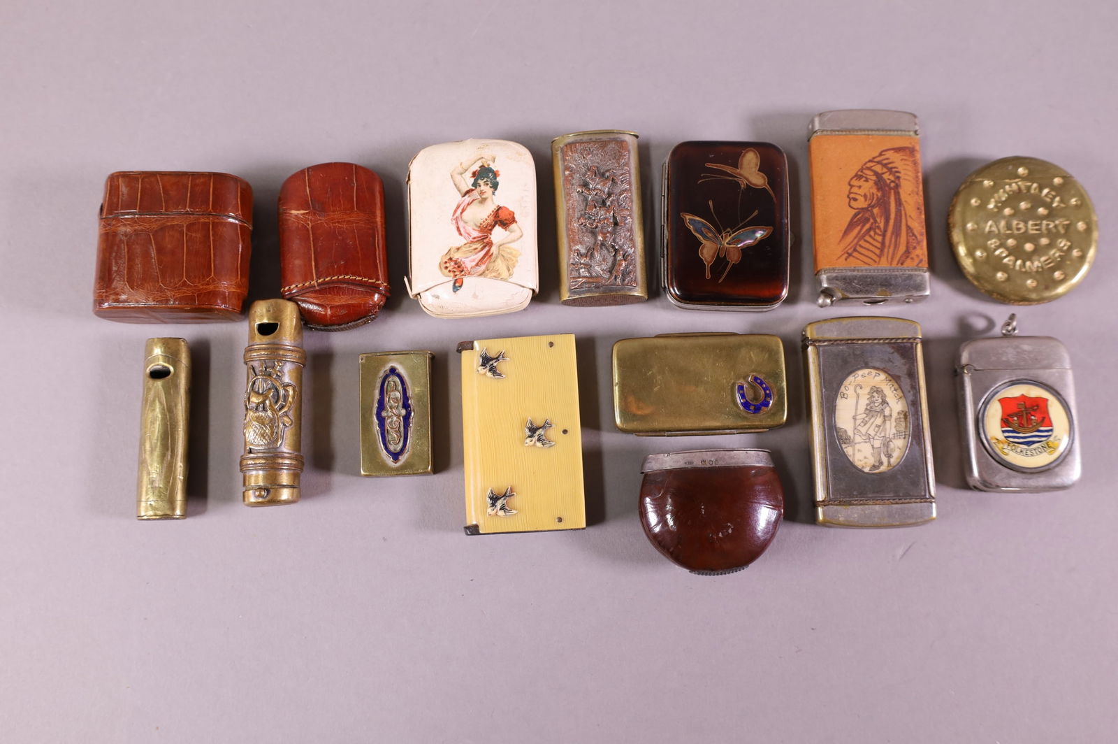 FIFTEEN MATCH SAFES: MATCH SAFES, PILL BOXES, WHISTLE.