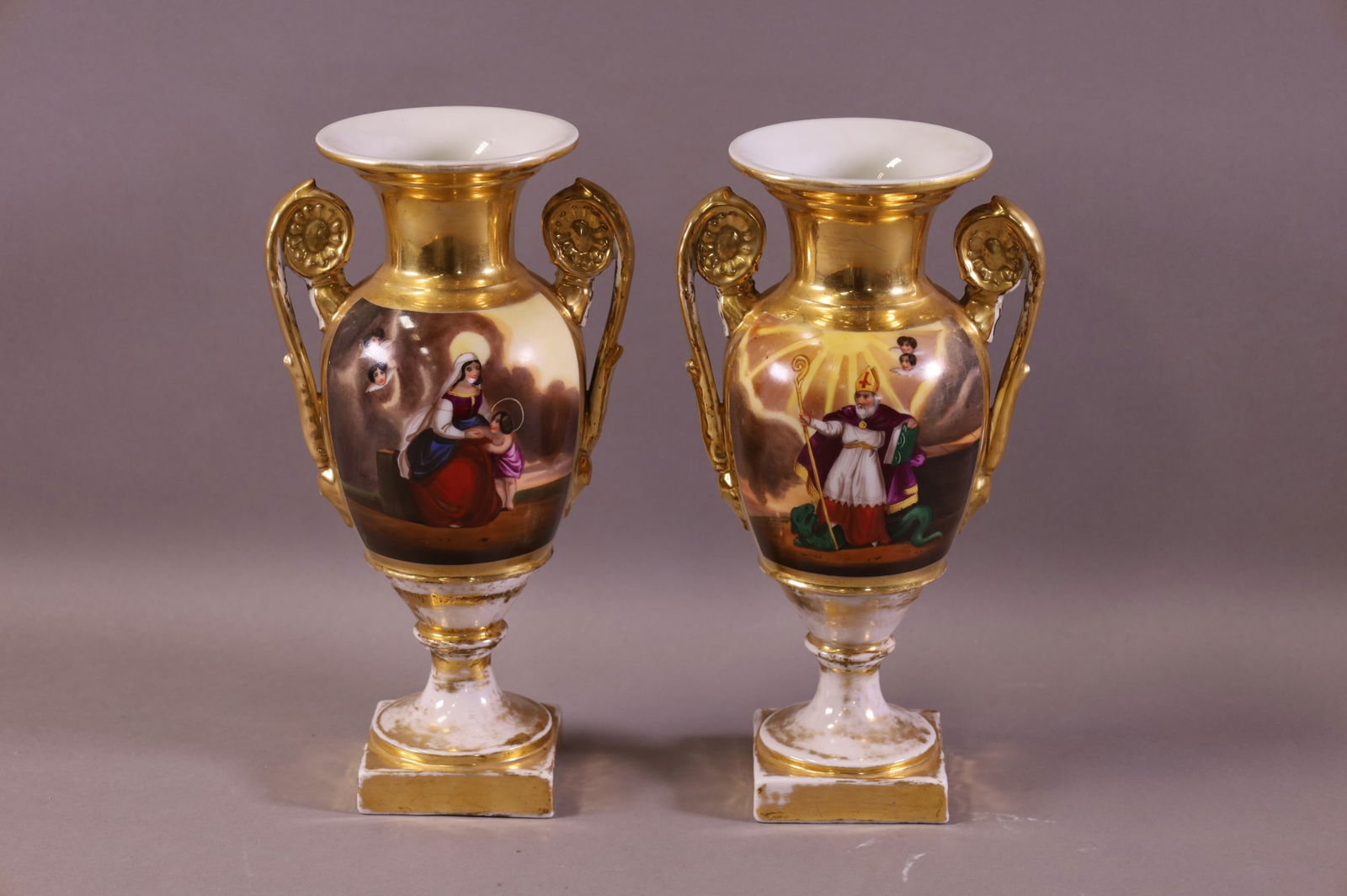 PAIR OF HAND PAINTED PORCELAIN URNS (1 of 3)