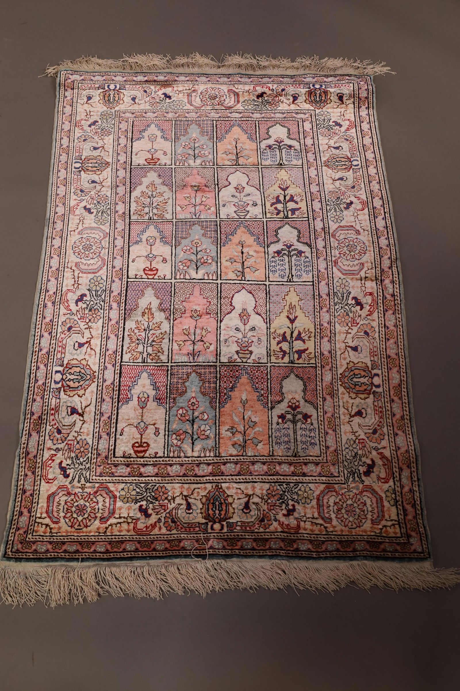 APPROX 4' x 2' 8" SILK GARDEN RUG: GOOD CLEAN RUG.