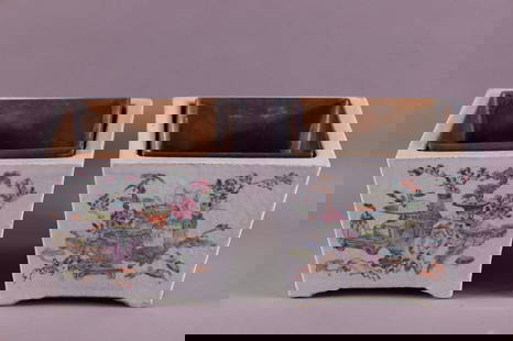 PAIR OF CHINESE PORCELAIN PLANTERS: COPPER LINER. 6" SQUARE & 8" TALL. GOOD CONDITION