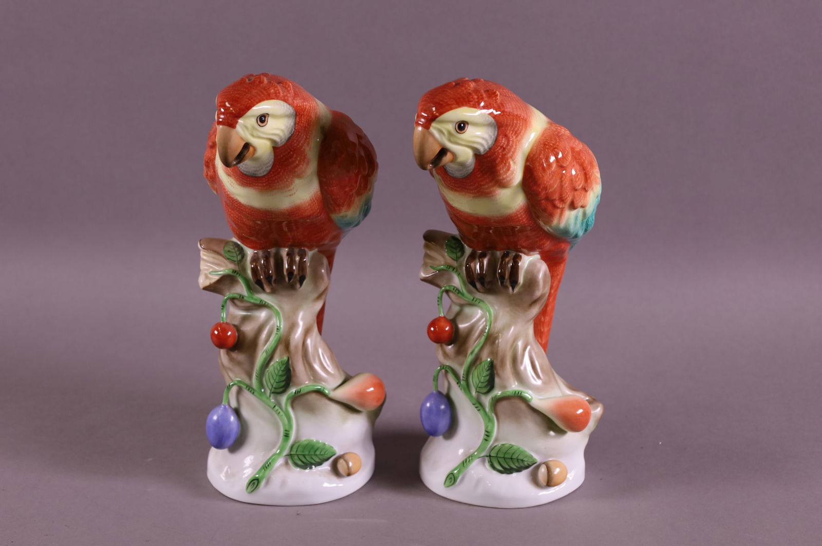 PAIR HEREND RED PARROT PORCELAIN STATUES (1 of 2)