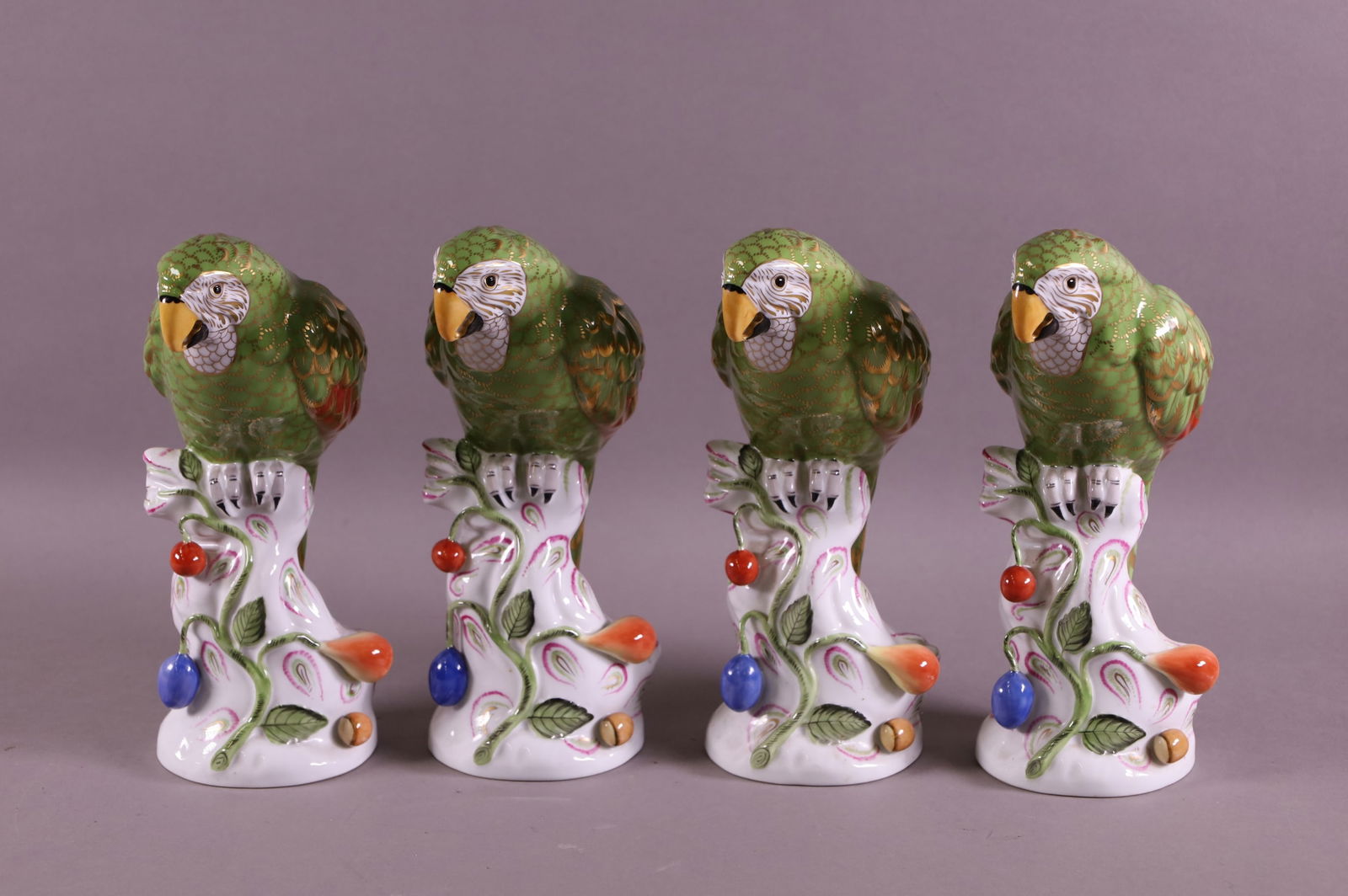 4 Herend Green Parrot Porcelain Statues Auction