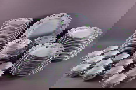 87 PC. HEREND VILLAGE POTTERY HANDPAINTED CHINA: IVY PATTERN. 15-10 5/8" DINNER PLATES. 12-9" SALAD BOWLS. 33-8" PLATES. 12 CUPS & SAUCERS. 13" PLATTER. 2-6 3/4" BOWLS.