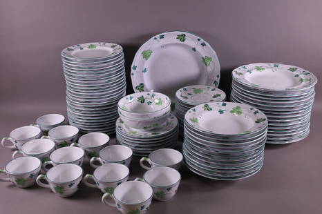 87 PC. HEREND VILLAGE POTTERY HANDPAINTED CHINA: IVY PATTERN. 15-10 5/8" DINNER PLATES. 12-9" SALAD BOWLS. 33-8" PLATES. 12 CUPS & SAUCERS. 13" PLATTER. 2-6 3/4" BOWLS.