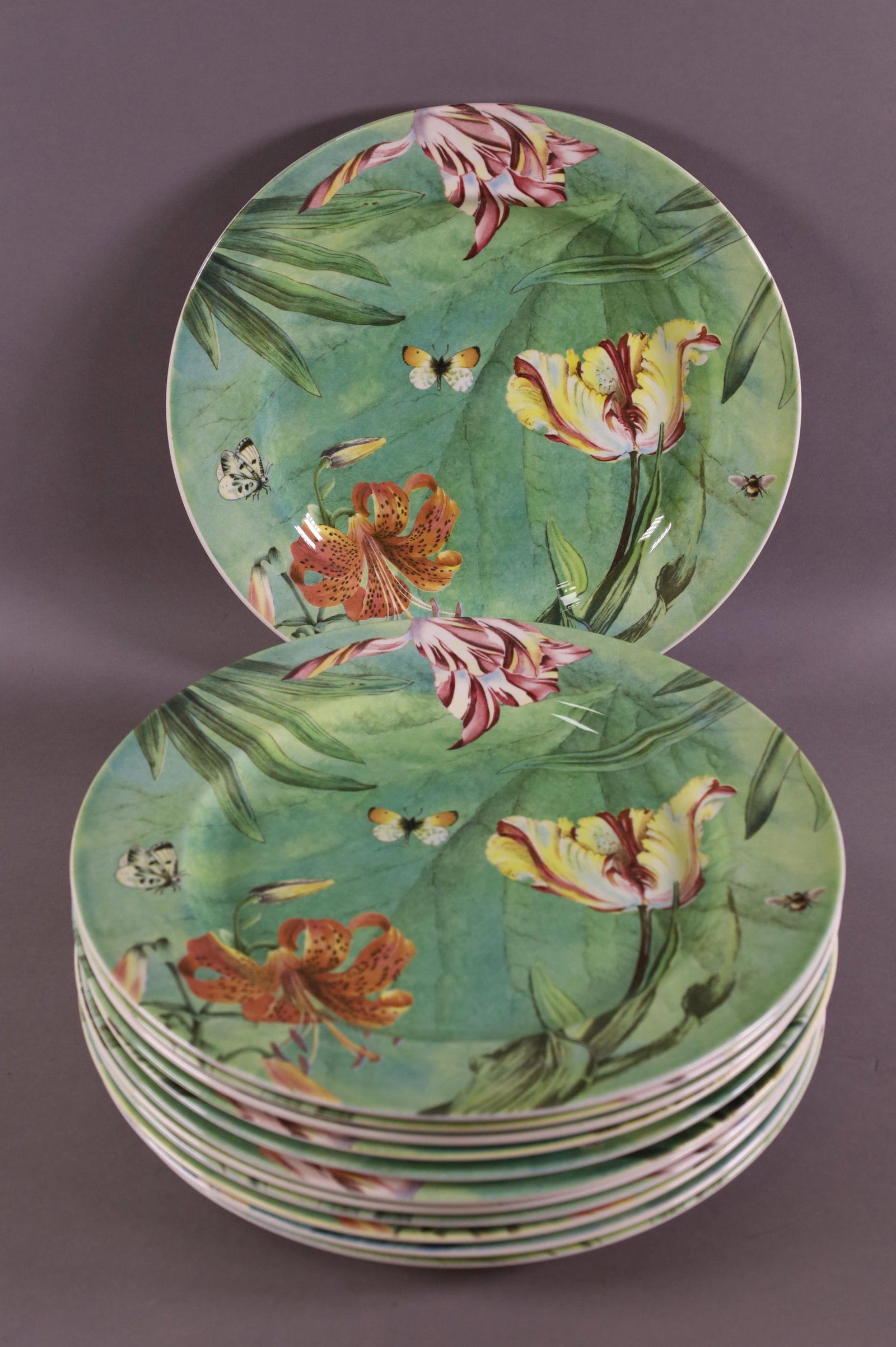 SET OF 12 SPODE "FLORAL HAVEN" CHARGERS: SIGNED ON BOTTOM. GOOD CONDITION. 12 1/2" DIAMETER.