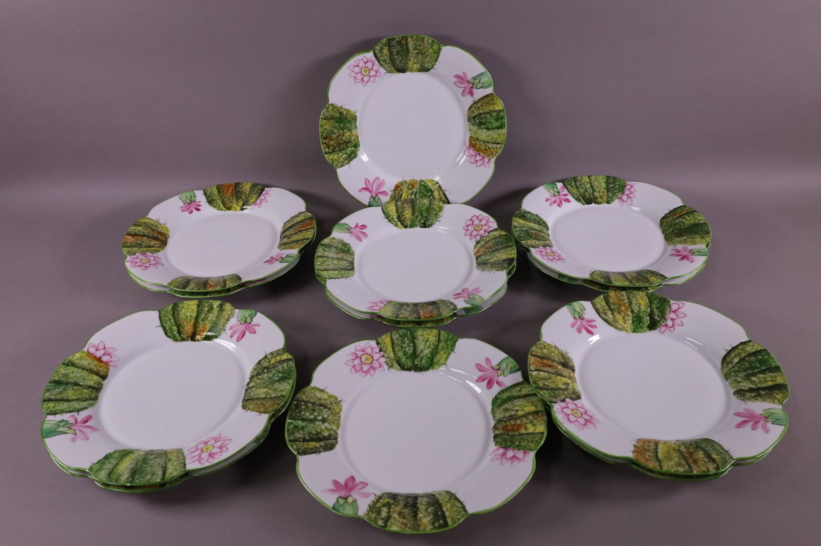 SET OF 12 LIMOGES "CACTUS" PLATES: GIOVANNA AMORUSO MANZARI POUR THOMAS GOODE. 2 PLATES HAVE CHIPS. 10 1/4" DIAMETER