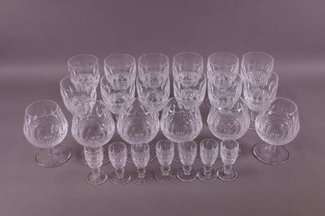 SET OF 23 PC. WATERFORD "COLLEEN" STEMWARE: 12 WATER GLASSES, 6 BRANDY SNIFTERS, & 7 CORDIALS.