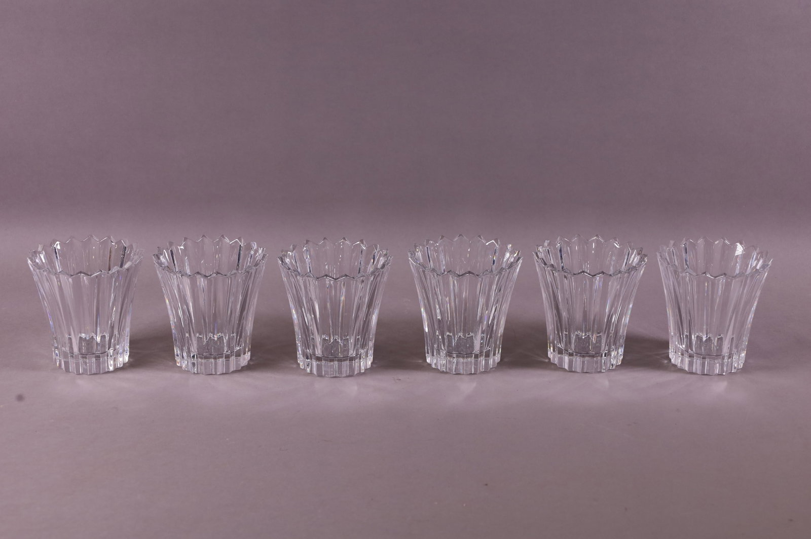 SET OF 6 BACCARAT VOTIVES: SIGNED ON BOTTOM. 4" TALL