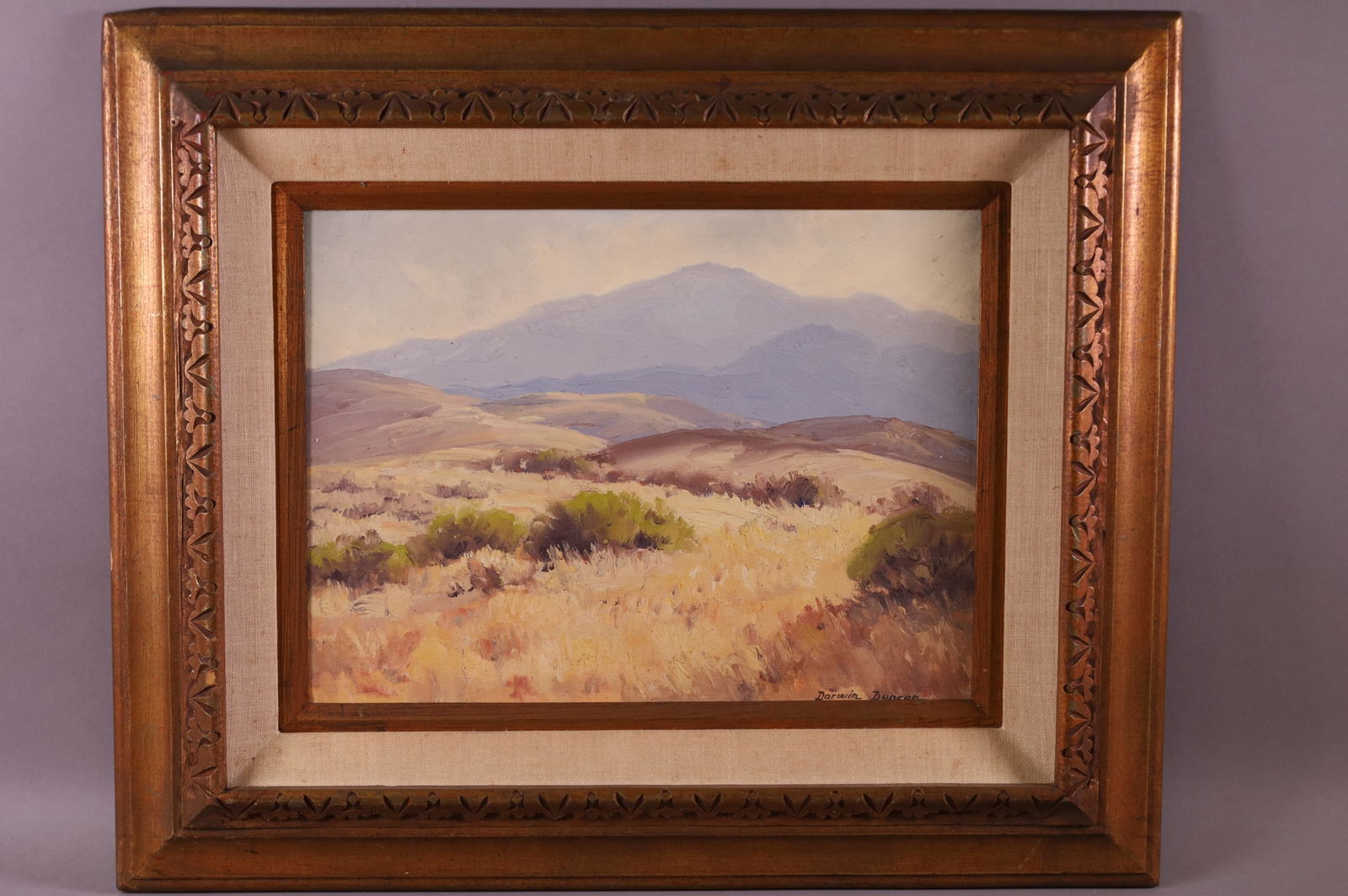 DARWIN DUNCAN CALIFORNIA LANDSCAPE PAINTING: OIL ON BOARD, SIGNED LOWER RIGHT. DESERT LANDSCAPE PAINTING. 16" x 12" IMAGE SIZE / 24" x 20" IN FRAME