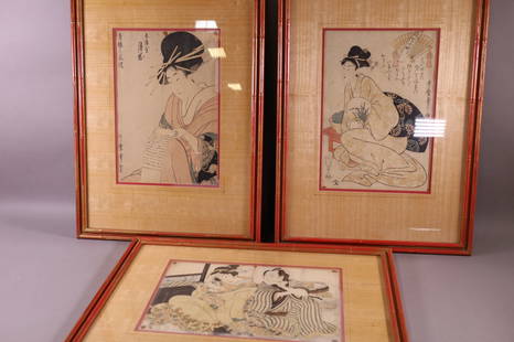 THREE FRAMED JAPANESE PRINTS: FRAMED JAPANESE WOODBLOCK PRINTS. SIGNED. SOME DAMAGE TO PAPER. IN PAINTED FINISH, FAUX BAMBOO FRAMES. 23 1/2" x 17 3/4" IN FRAME.