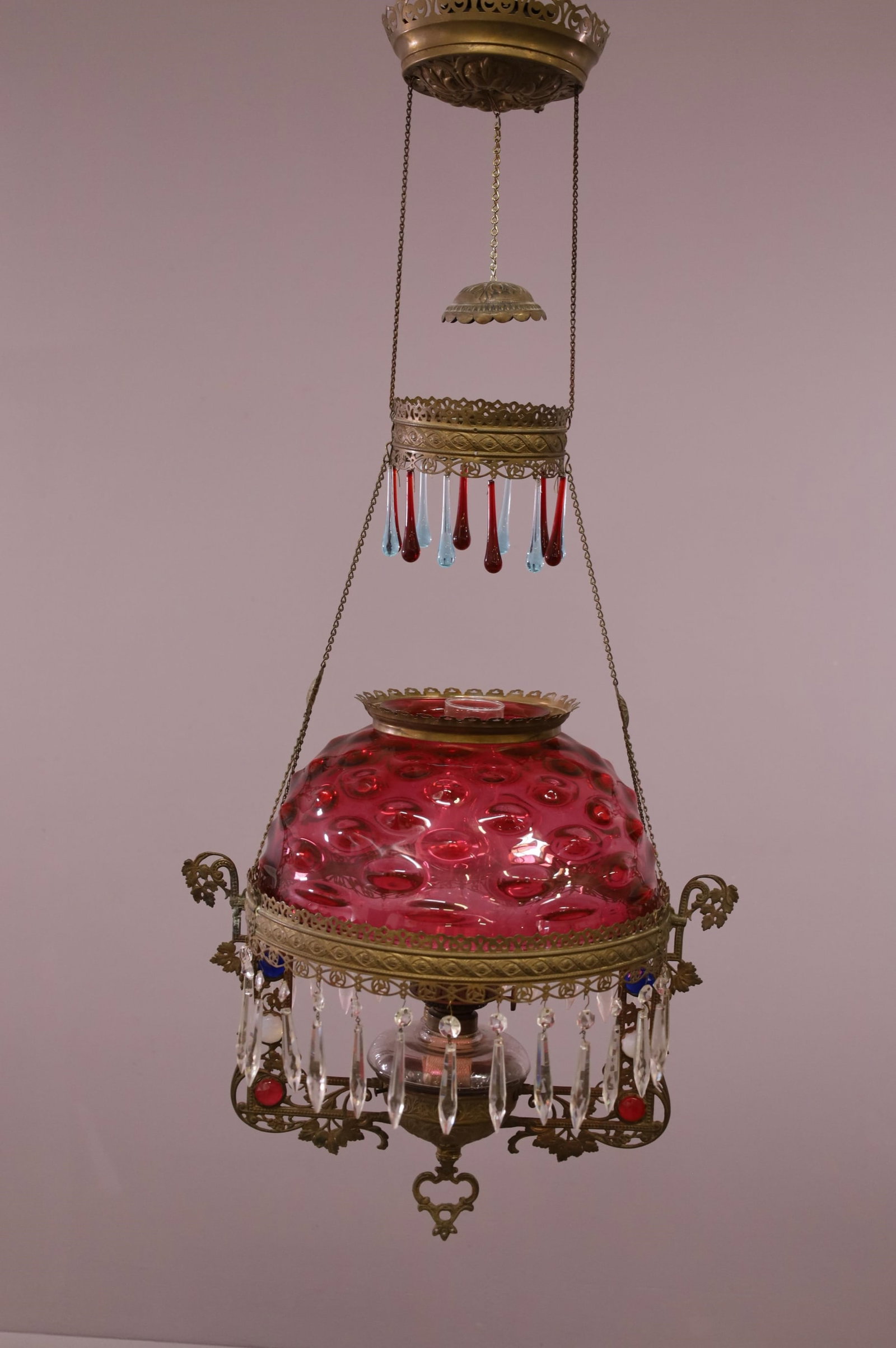 VICTORIAN CRANBERRY HANGING BANQUET LAMP (1 of 3)