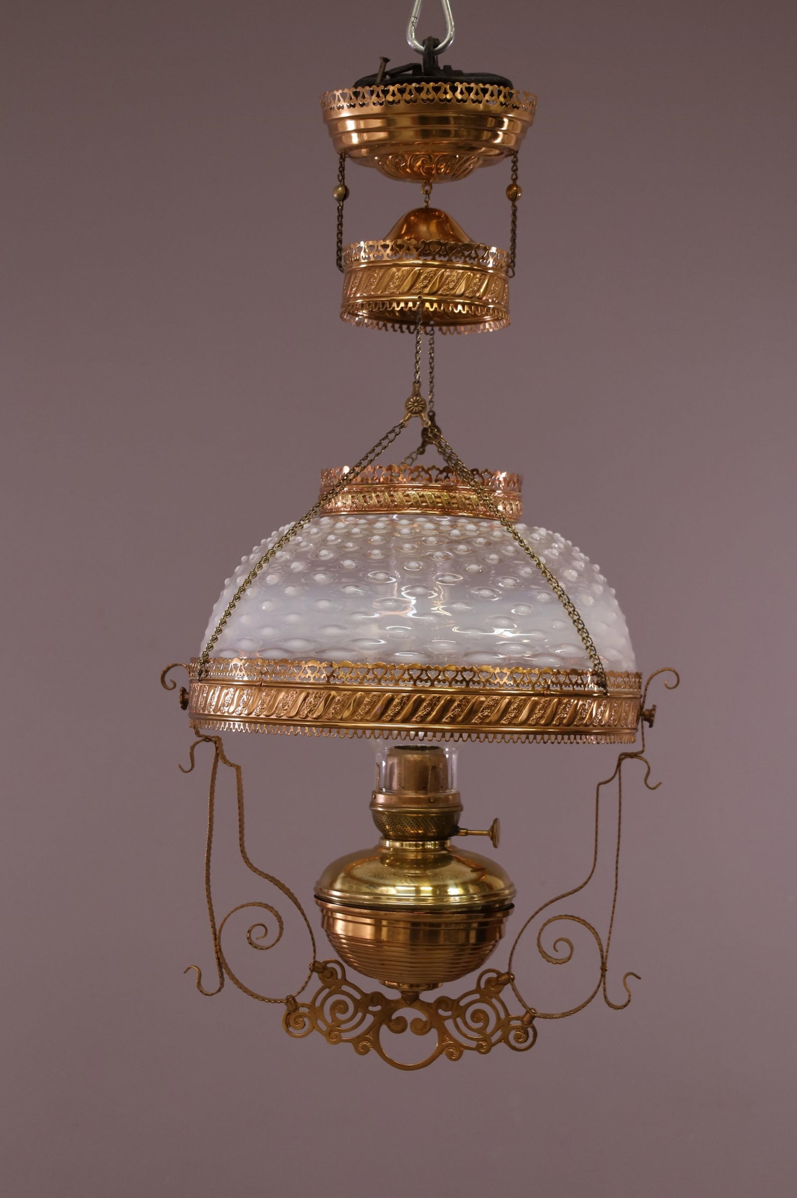 VICTORIAN OPALESCENT HOBNAIL HANGING BANQUET LAMP (1 of 3)