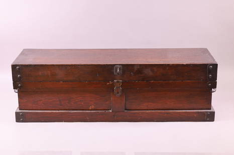 ANTIQUE WOODEN TOOL BOX: HINGED LID TOP, METAL STRAPPED. 27" W x 8" H. THIS ITEM EXCEEDS SIZE LIMITATIONS FOR IN HOUSE SHIPPING.