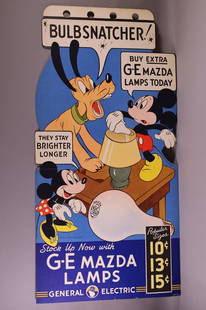 Disney G-E Mazda Lamps Cardboard Stand Up (TAC): rated 9, 41"x20.5", the single-sided diecut easel back sign has excellent color, field is clean, has light wear along the bottom edge, dated 1941, folds in the center. TAC #044180