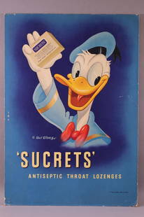 Sucret's Lozenges w/Donald Duck Sign (TAC): rated 8, 22.5"x25.75", the single-sided easel back cardboard sign has good color, has light wear in the field, more around the perimter, marked Walt Disney Production. TAC #044181