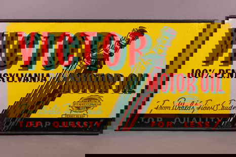 Large Victor Motor Oil w/Bottle Metal Sign (TAC): rated 8.5, 36.5"x72.5", the SST embossed wood framed sign has excellent color and shine, has rust spots near the Pennsylvania seal and in the upper right-hand corner, marked A-M, dated 1940. TAC #0441
