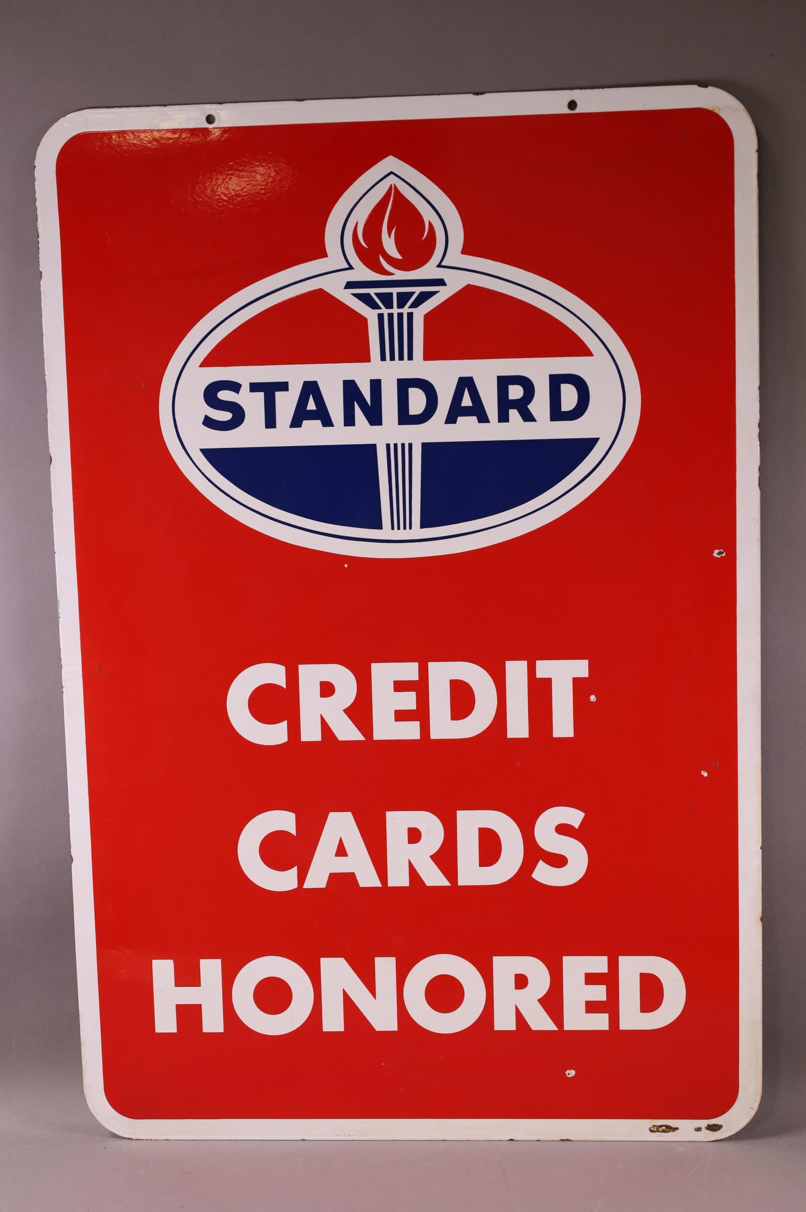 Standard Credit Card Honored Sign (TAC): rated 8.75, 36"x24", the DSP sign has excellent color and gloss, has a few small chips in both fields. TAC #044246