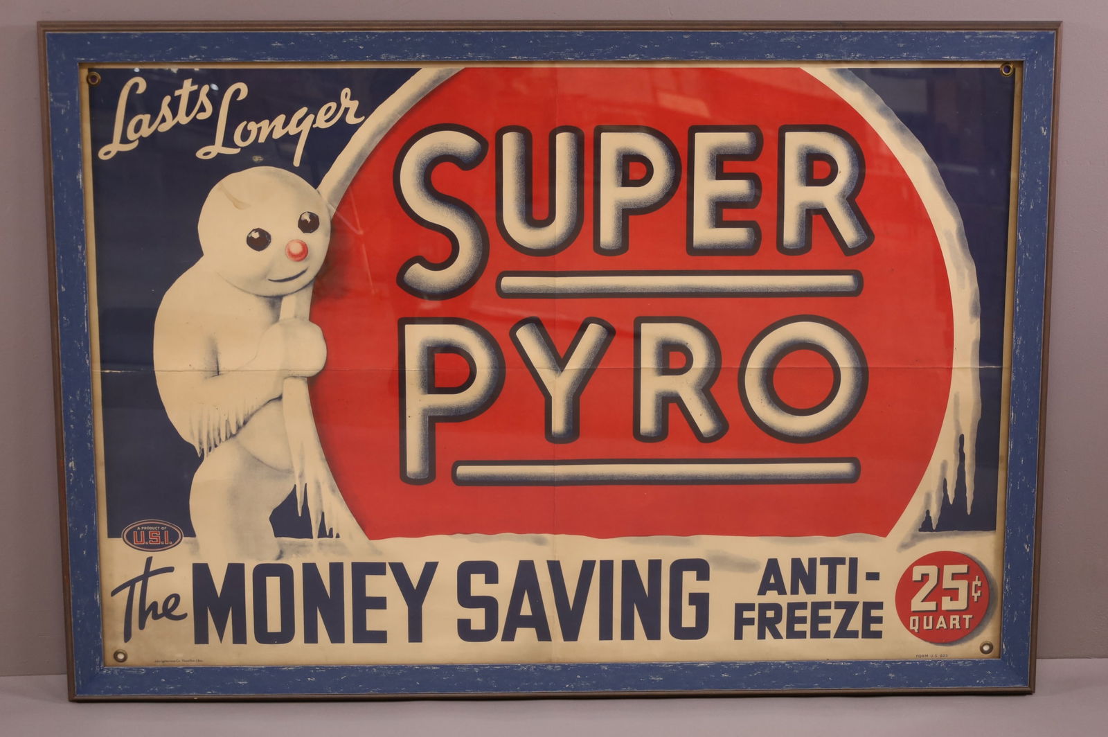 Super Pyro Anti-Freeze Cardboard Banner: rated 8.5, 36"x54", the heavy cardboard banner has good color, has light wear, has been folded in quarters, is framed under plexiglass. It can be removed for shipping.