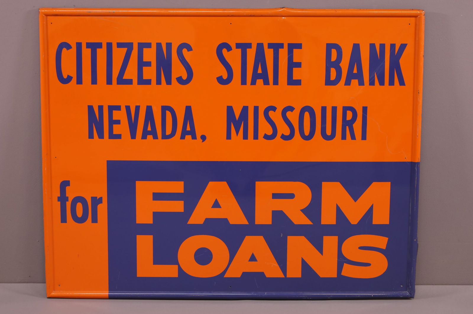 Citizens State Bank Nevada, Mo. Metal Sign (TAC): rated 8.25, 35.5"x45.5", the SST self-framed sign has good color and shine, has light wera and fine scratches. TAC #044283