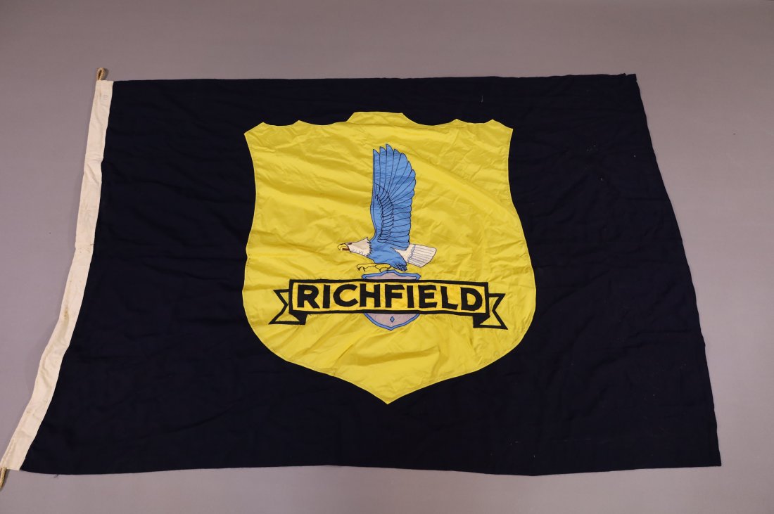 Richfield Banner Flag: NylonWave Richfield Banner, center shield logo. Stitched center logos. Needs cleaned. 72" x 48"