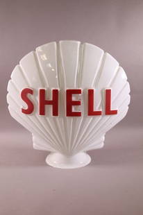 1930's Shell Gas Pump Globe: Shell gas glass pump globe, shell form, raised red lettering. good color, minor scratches to surface. 17 1/2" globe.