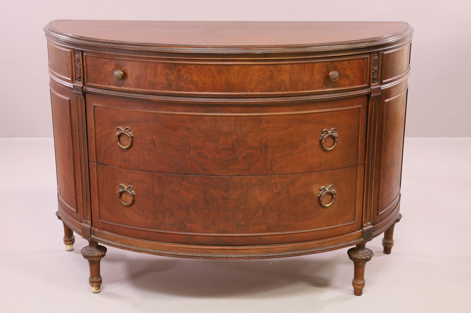1930'S DEMILUNE THREE DRAWER WALNUT CHEST (1 of 3)