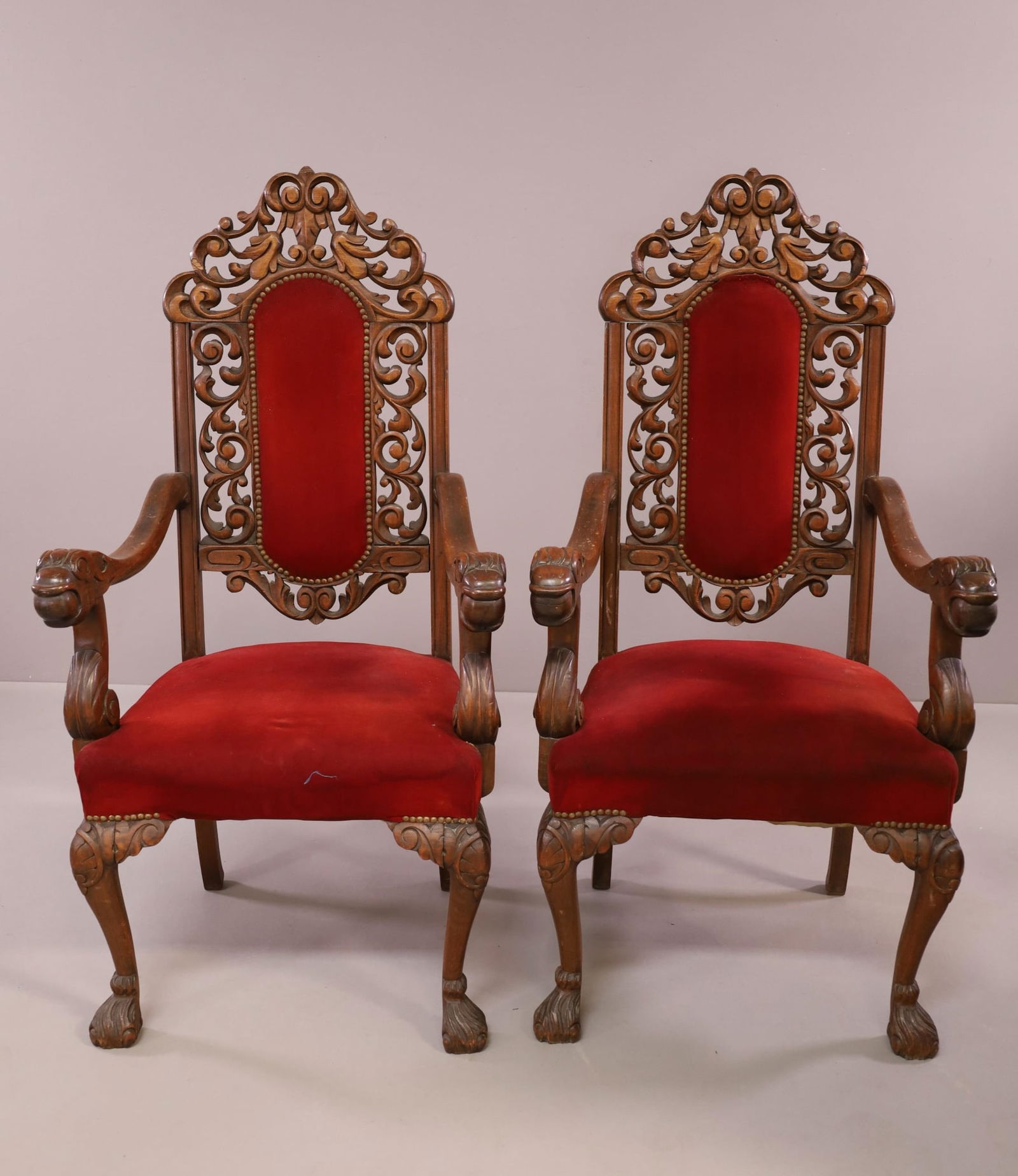 PAIR OF ANTIQUE CARVED HALL CHAIRS (AS IS) (1 of 9)