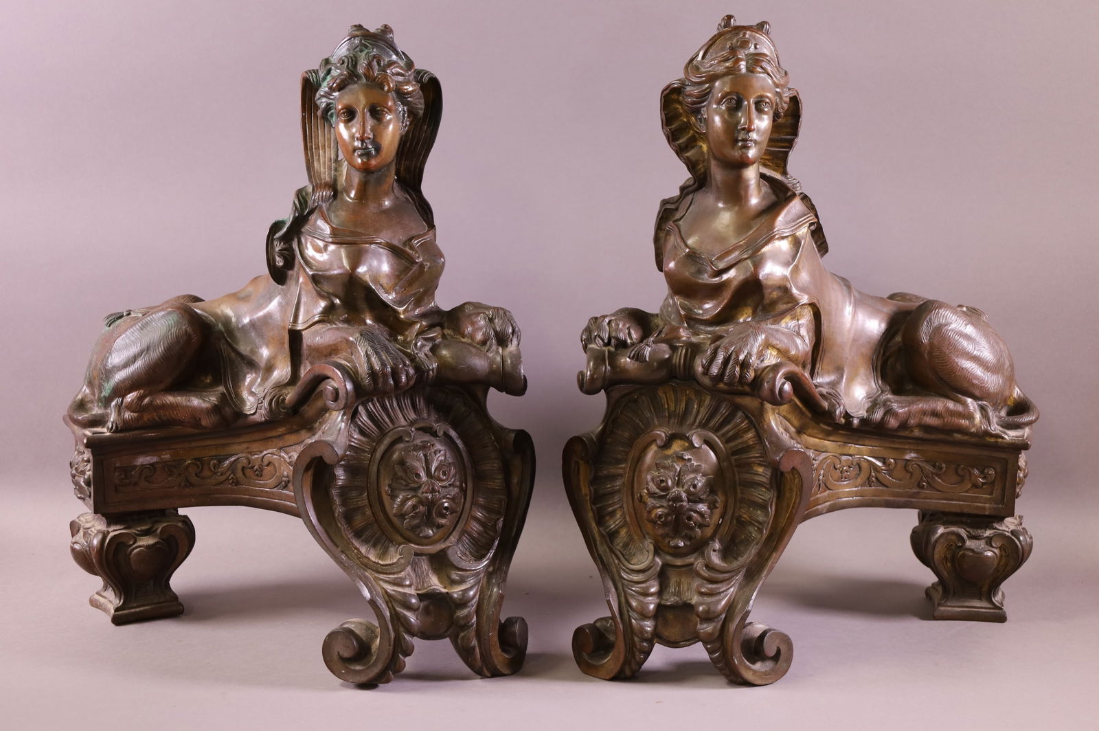 PAIR OF FANCY FIGURAL BRONZE ANDIRONS (1 of 4)