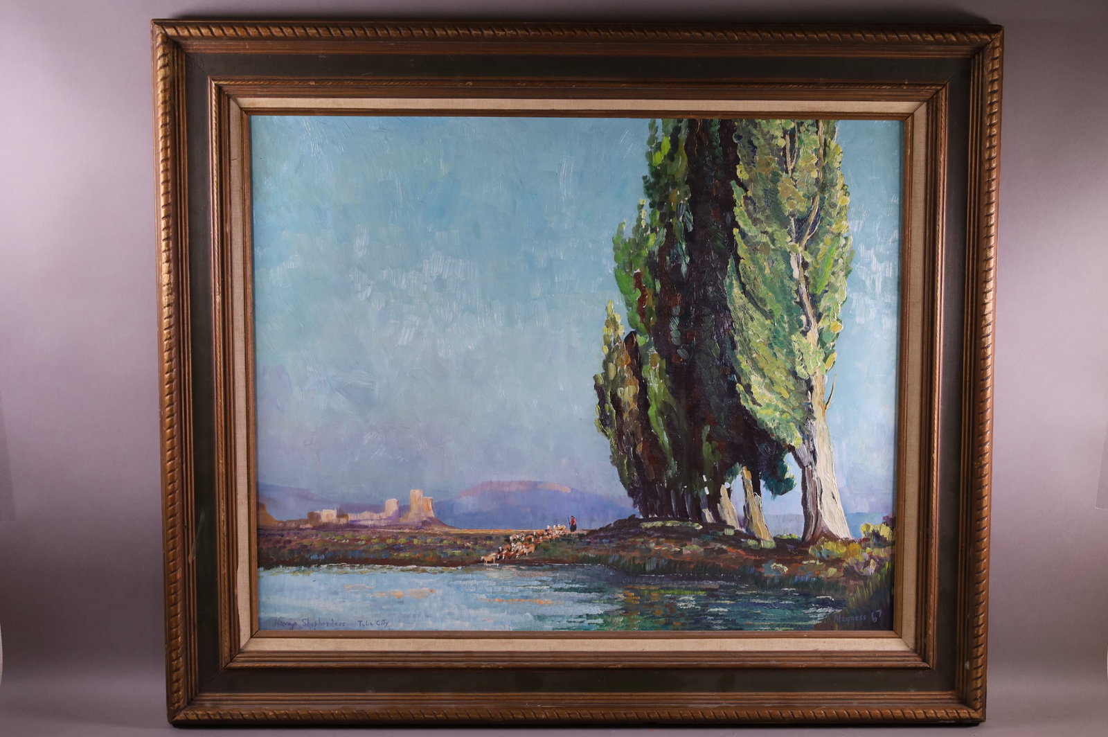 A.R. MAGNESS OIL PAINTING: OIL ON BOARD, SIGNED LOWER RIGHT, DATED 1967. TITLED NAVAJO SHEEPHERDERS, TULA CITY. 30" x 24" IMAGE SIZE / 38" x 32" IN FRAME.