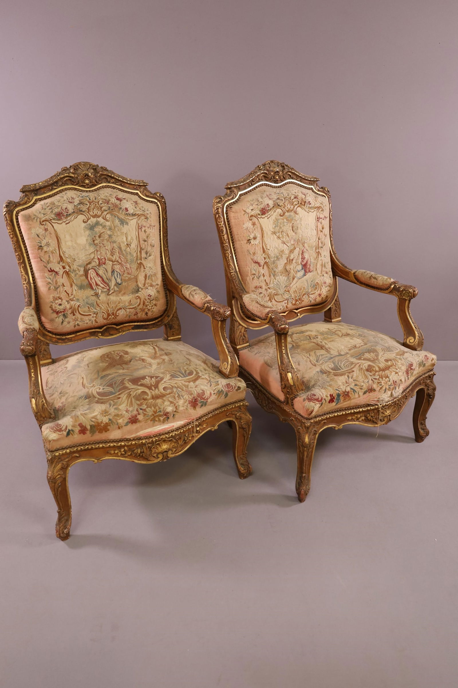 PAIR OF FRENCH GILT WOOD ARMCHAIRS (1 of 6)