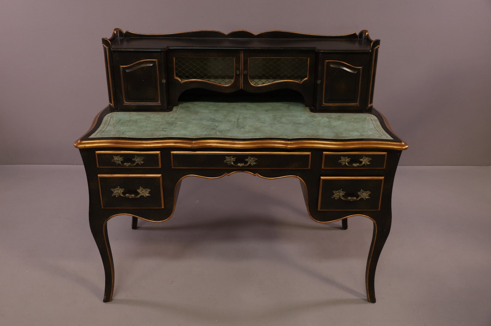 LOUIS THE XV STYLE DESK: PAINTED FINISH, LEATHER TOP, FIVE DRAWER, UPPER DOORS. 48" W x 26" D x 41" H. THIS ITEM EXCEEDS SIZE LIMITATIONS FOR IN HOUSE SHIPPING.