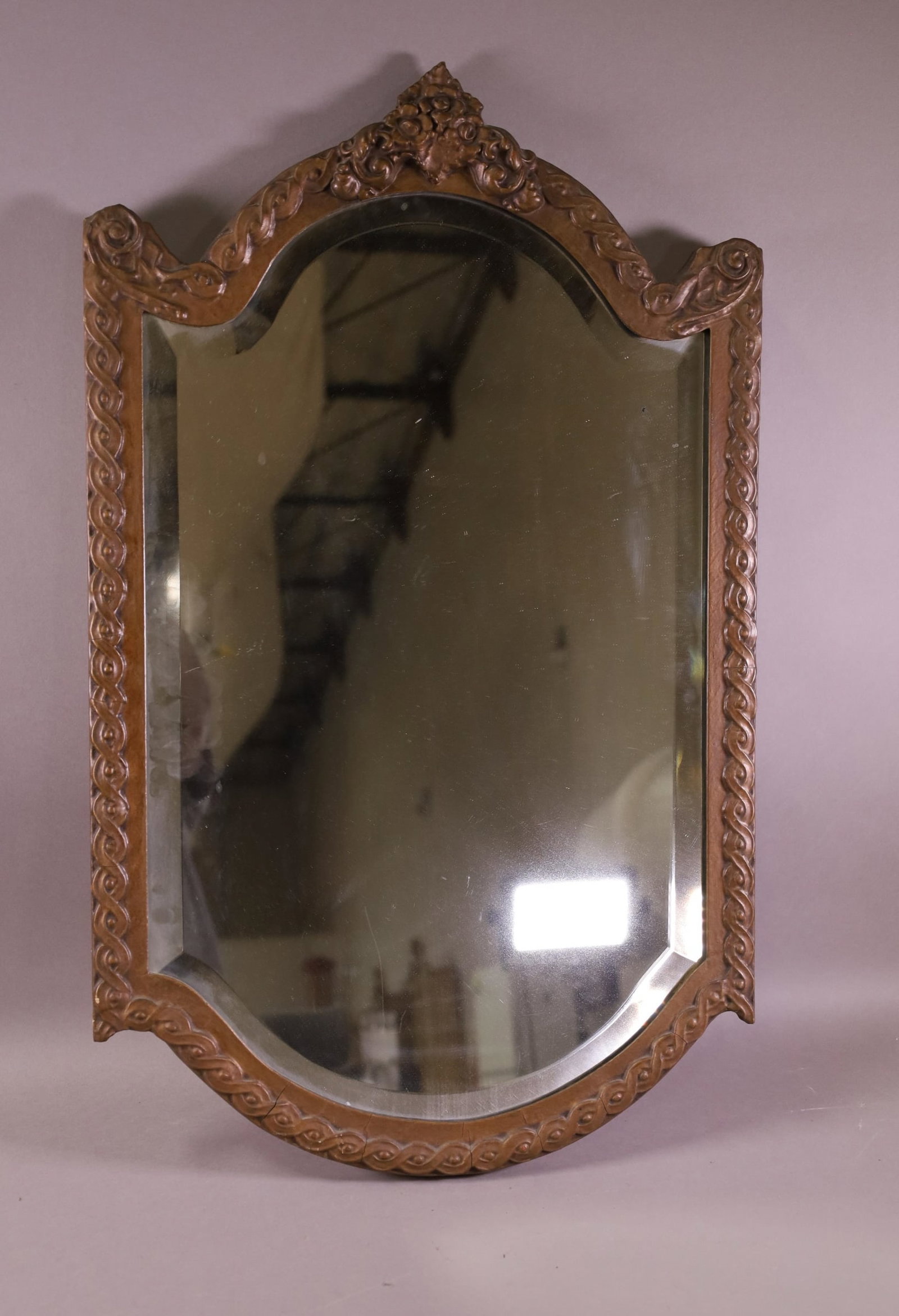 1920'S WALL MIRROR: GESSO WALL MIRROR, BEVELED. 18 1/2" x 31"