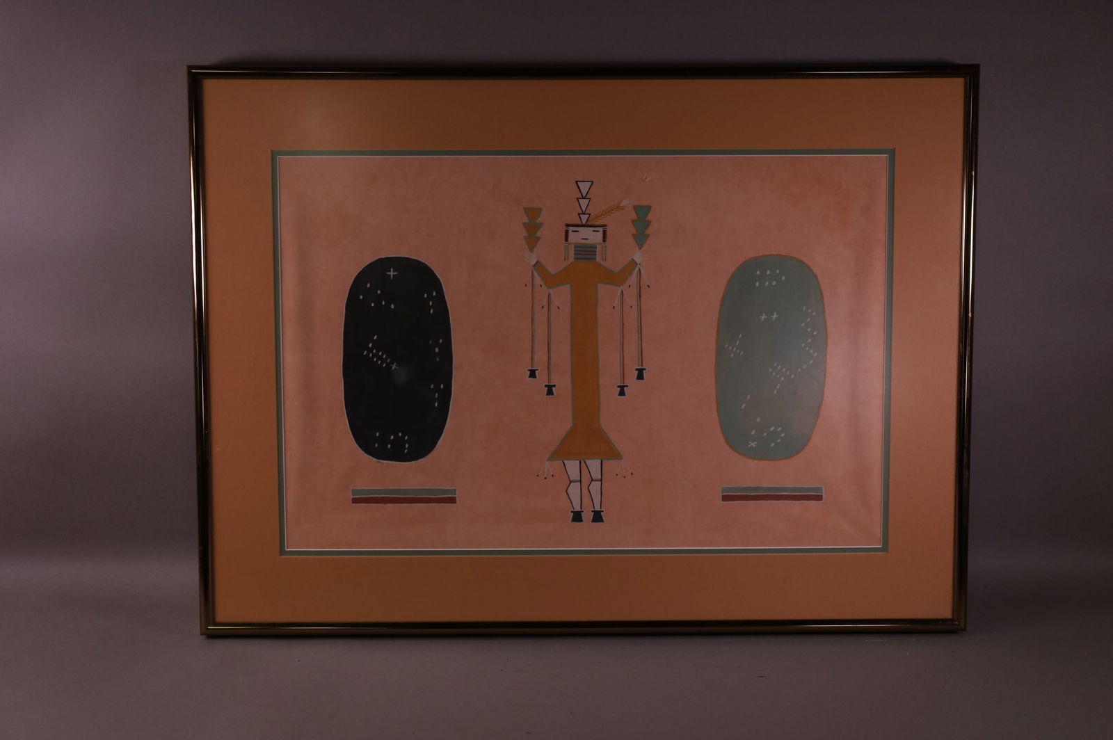 NATIVE AMERICAN DRAWING: NATIVE AMERICAN DRAWING ON FABRIC, YEI STYLE DRAWING. HAS A SMALL HOLE. UNSIGNED. 24" x 16" IMAGE SIZE / 32" x 23" IN FRAME.