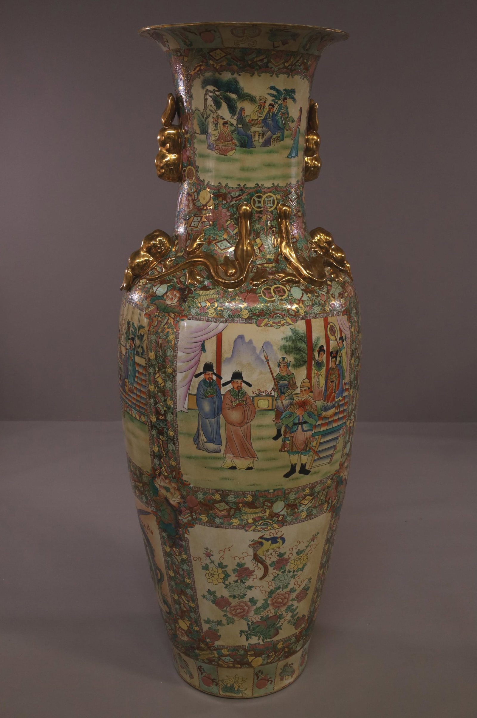 LARGE CHINESE PORCELAIN TEMPLE VASE: LARGE CHINESE TEMPLE URN, FIGURAL AND FLORAL DECORATED. 62" H. THIS ITEM EXCEEDS SIZE LIMITATIONS FOR IN HOUSE SHIPPING.