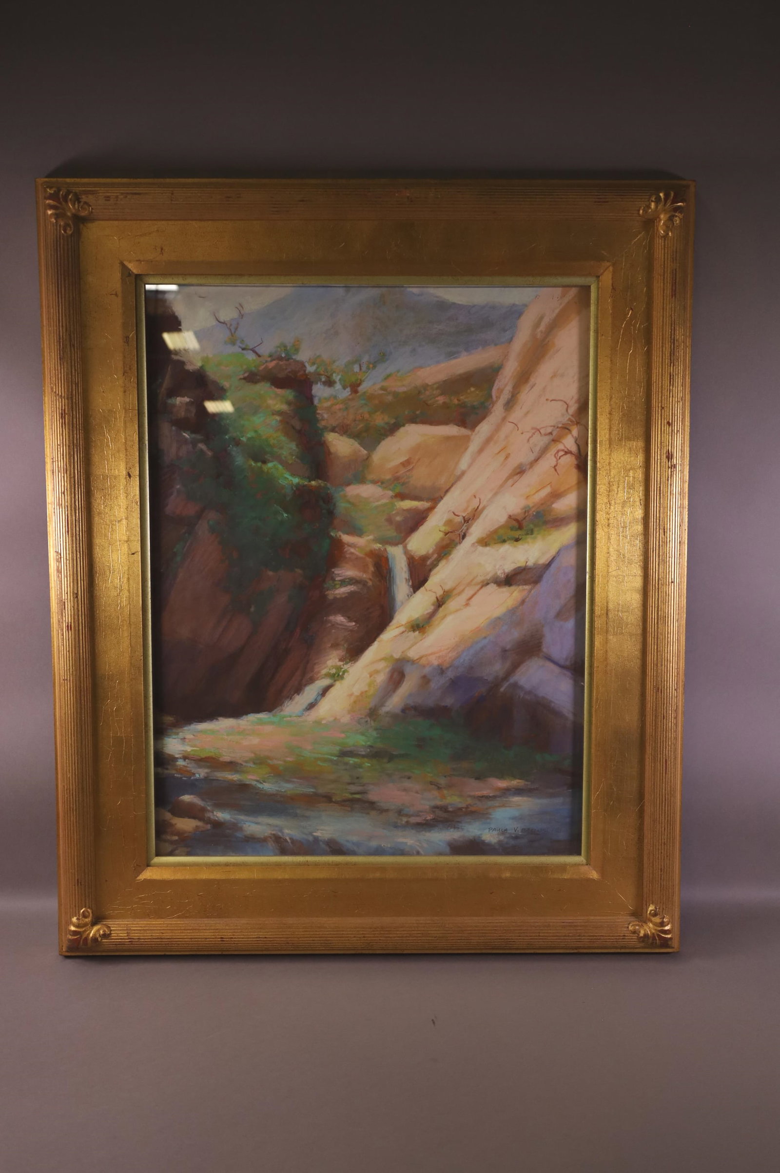 PAULA BACINSKI LANDSCAPE PAINTING: PASTEL, SIGNED LOWER RIGHT, IN GILT FRAME. 19 1/2" x 25 1/2" IMAGE SIZE / 28" x 34" IN FRAME.