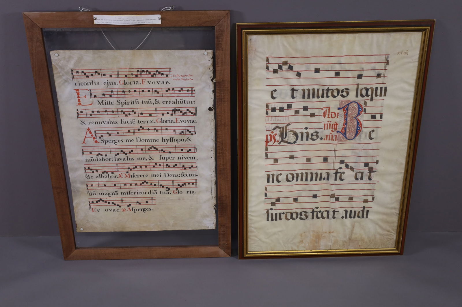 2 LRG FRAMED 18TH C. ILLUMINATED ANTIPHONAL SHEETS (1 of 5)