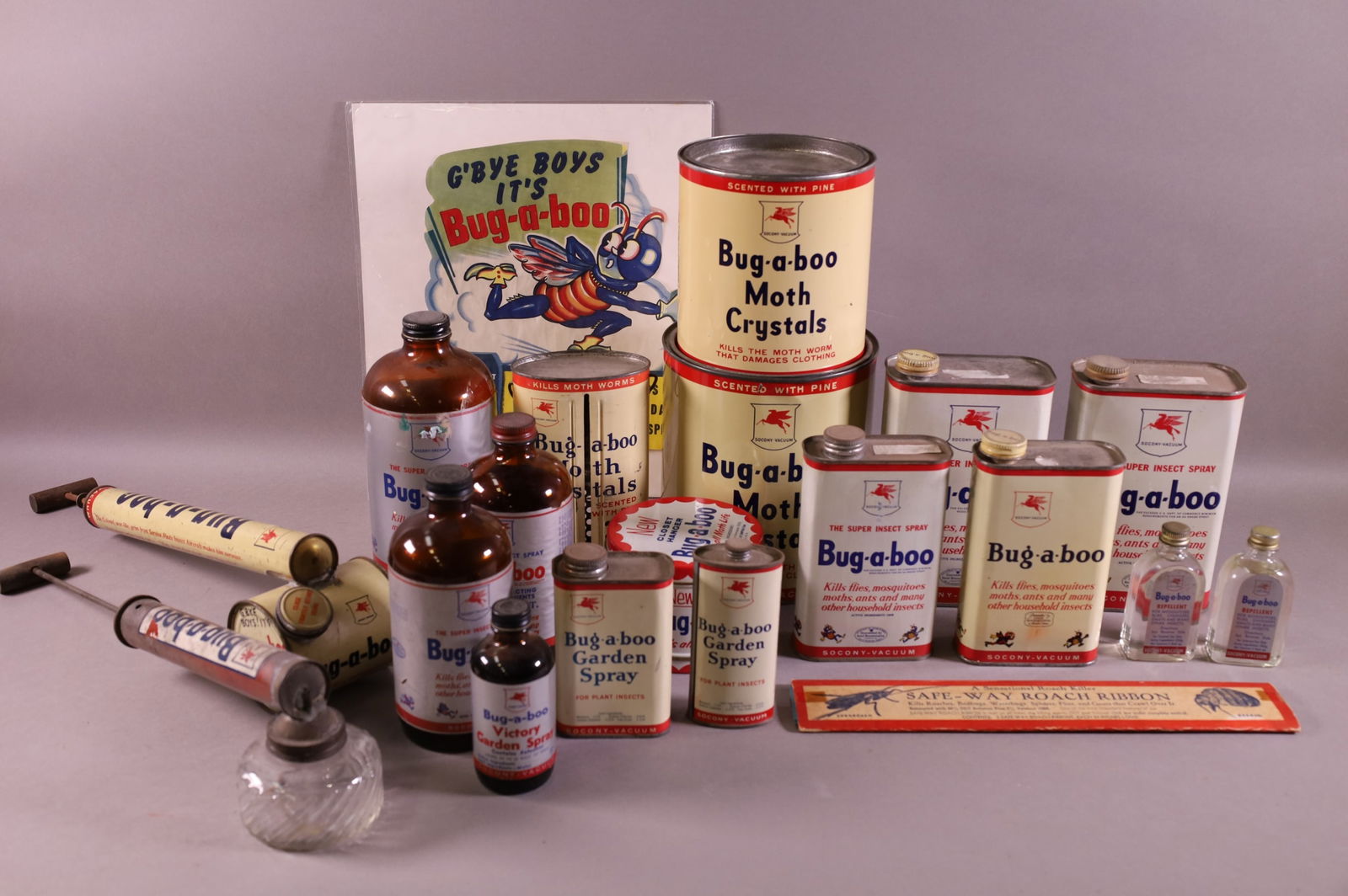 LARGE LOT OF MOBIL BUG-A-BOO ITEMS: SPRAYERS, CANS, BOTTLES, EPHEMERA.