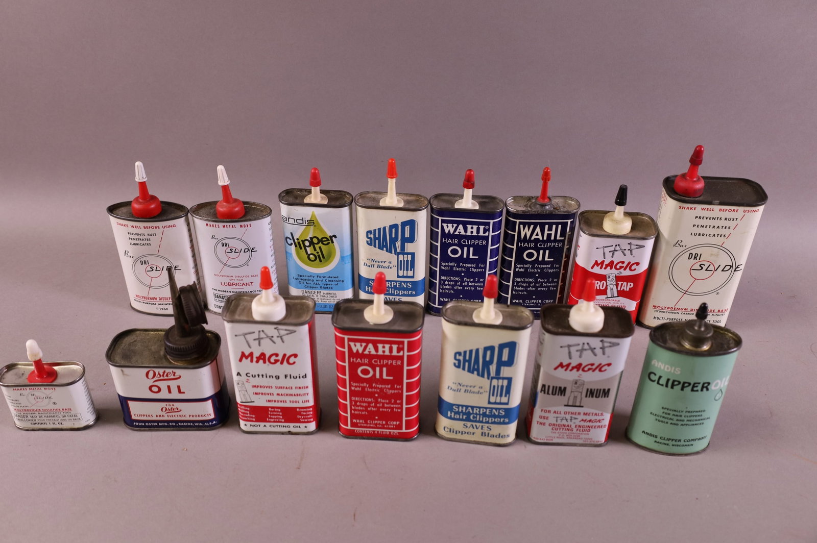 15 HANDY OILER CANS: INCLUDING TAP, OSTER, & WAHL. MOST ARE FOR HAIR CLIPPERS.