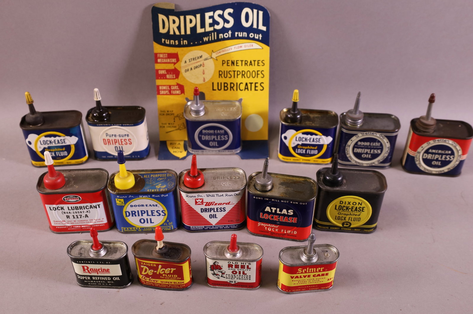 15 HANDY OILER CANS: INCLUDING DRIPLESS OIL, ATLAS, WIZARD AND MORE.