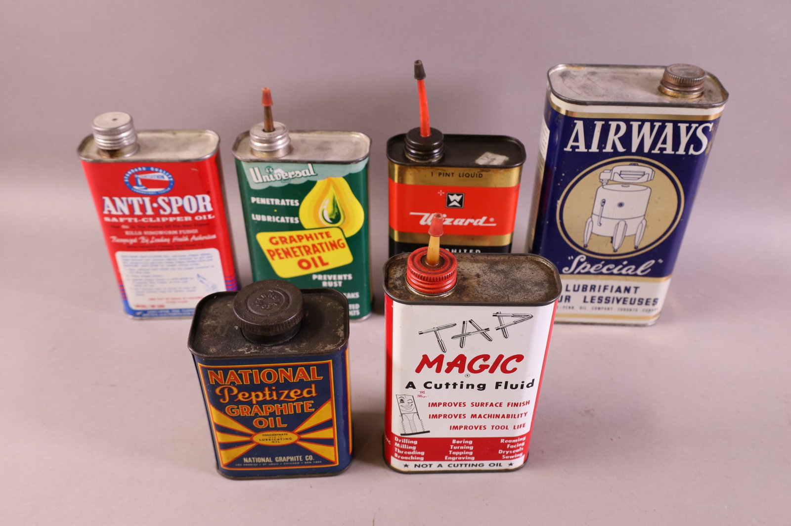 SIX OIL CANS: INCLUDING AIRWAYS, NATIONAL, WIZARD, AND MORE