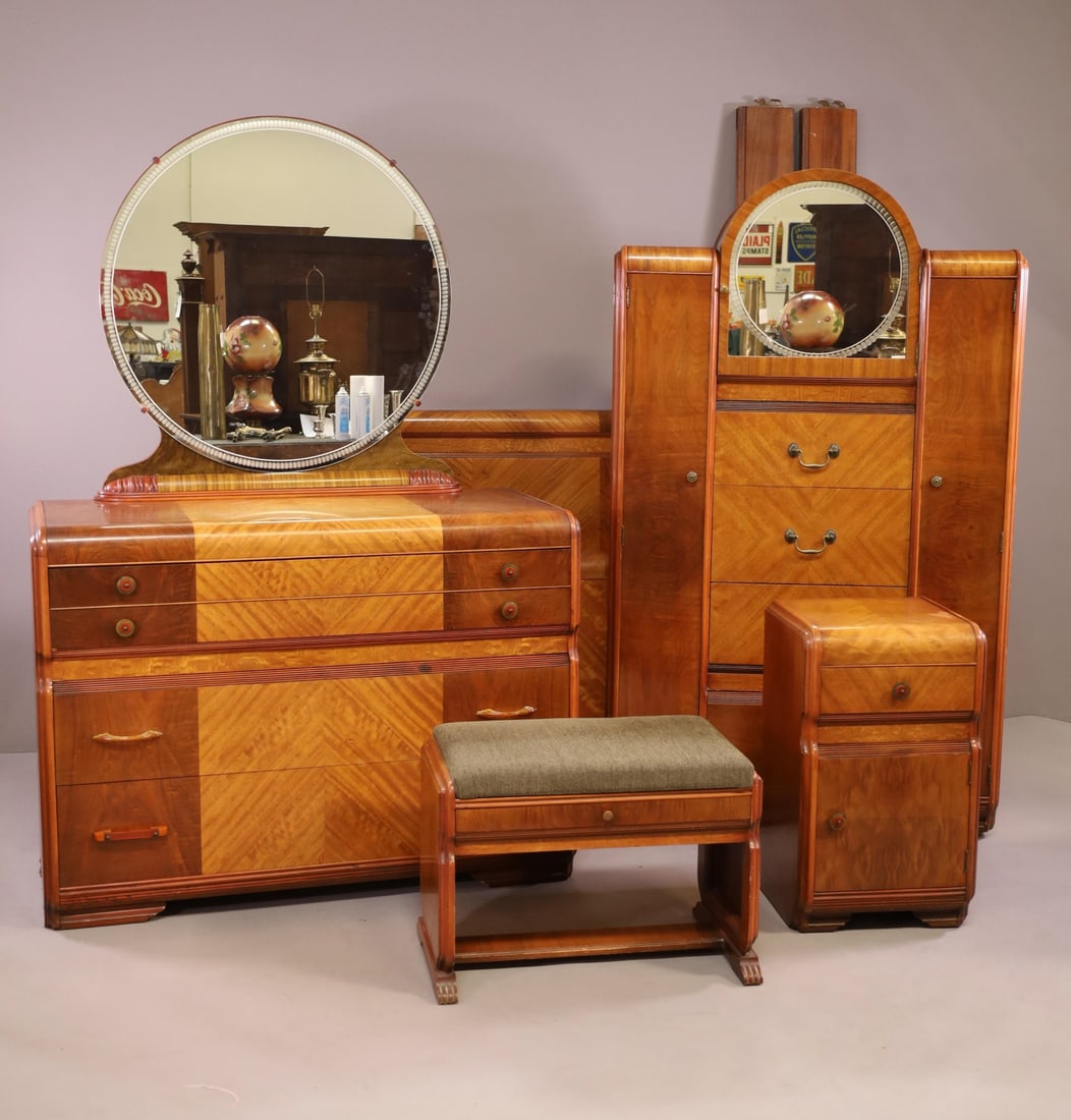 FIVE PIECE DECO WATERFALL BEDROOM SET (1 of 9)