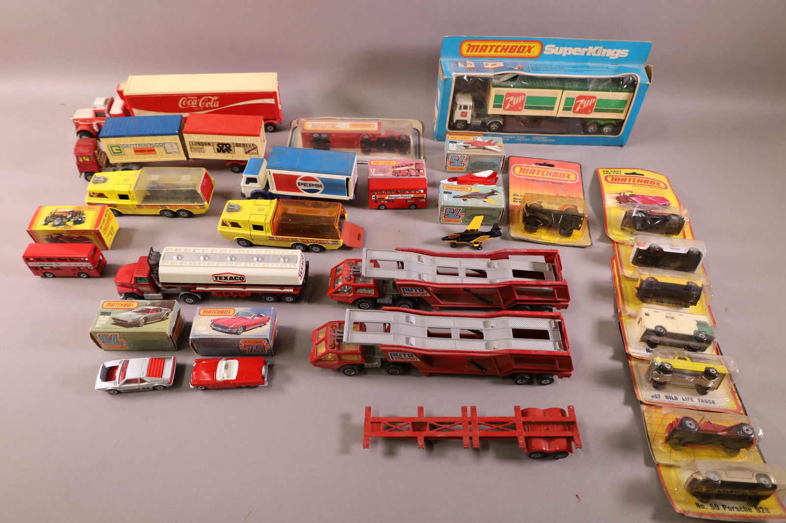 COLLECTION OF 1970'S TO 1980'S MATCHBOX CARS: SOME ARE IN PACKAGING, 7 UP TRUCK, CARS, 1970s-80s. PLAYED WITH CONDITION.
