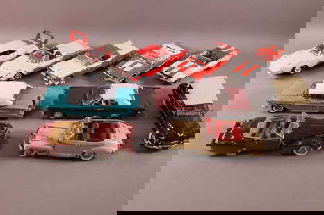 10 DIE CAST MODEL CARS: FRANKLIN & DANBURY MINT. SOME MIRRORS MISSING. WEAR TO SURFACES.