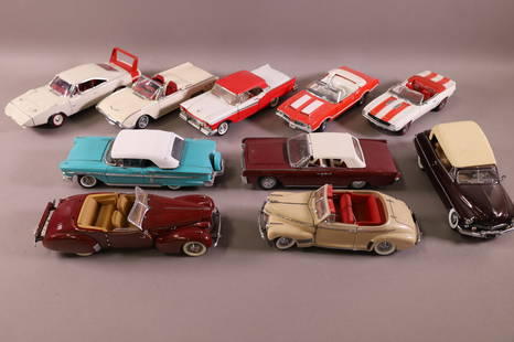 10 DIE CAST MODEL CARS: FRANKLIN & DANBURY MINT. SOME MIRRORS MISSING. WEAR TO SURFACES.