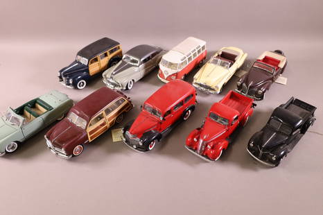 10 DIE CAST MODEL CARS: FRANKLIN & DANBURY MINT. MISSING SOME MIRRORS. WEAR TO SURFACES.