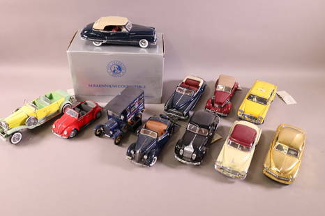 12 DIE CAST MODEL CARS: FRANKLIN & DANBURY MINT. MISSING SOME MIRRORS. WEAR TO SURFACES.