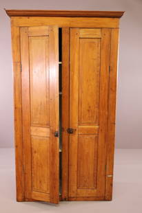 PRIMITIVE TWO DOOR CABINET: PRIMTIVE PINE TWO DOOR CABINET, PAINTED INTERIOR. CONDITION IS CONSISTENT WITH AGE. DOORS NEED ADJUSTMENT, DO NOT STAY CLOSED. 42" W x 17" D x 78" H. THIS ITEM EXCEEDS SIZE LIMITATIONS FOR IN HOUSE SH