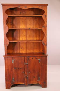 PRIMITIVE CUPBOARD: OPEN SHELVING UPPER, TWO DOOR LOWER. BREAKS IN TRIM. CONDITION IS CONSISTENT WITH AGE. 41" W x 12 1/2" D x 80" H. THIS ITEM EXCEEDS SIZE LIMITATIONS FOR IN HOUSE SHIPPING.